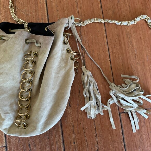 Vintage One of a Kind Made in USA Leather Chain Bucket Bag w/ Rings Grommets - Picture 4 of 17